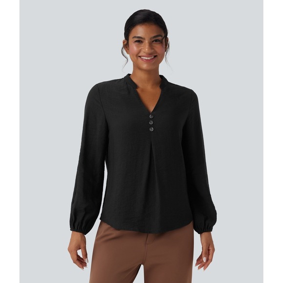 HALARA Tops - Halara V Neck Long Sleeve Work Shirt Sz S‎ Black Popover Career Classy Office